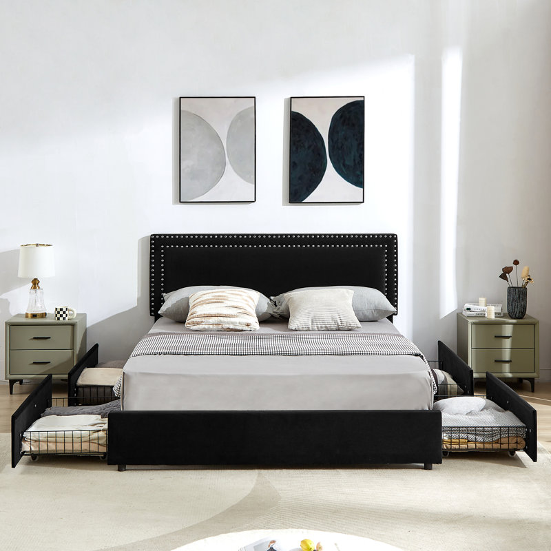 Beige Velvet Upholstered Queen Platform Bed with Storage Drawers