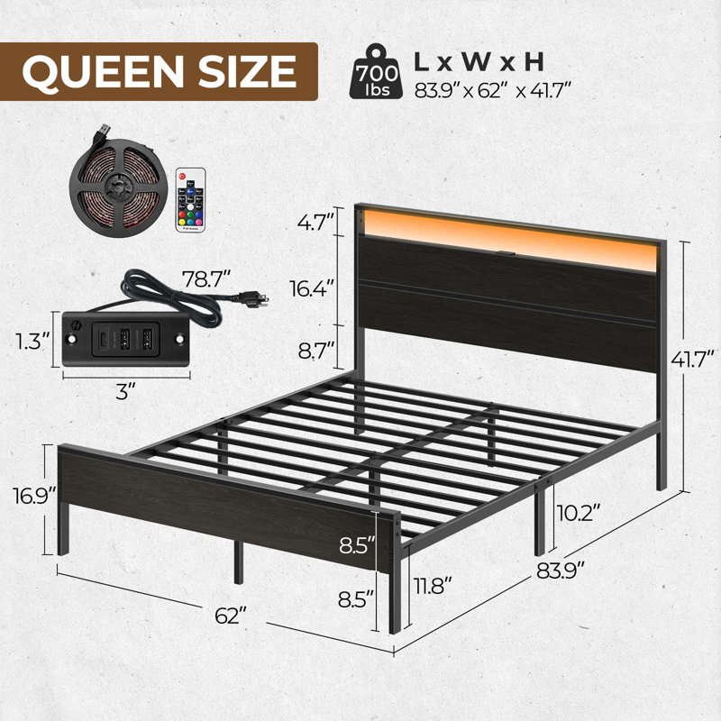Deviana Metal Bed Frame with Headboard & Footboard and Charging Station, LED Light Included, Queen