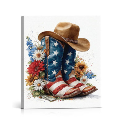 Western Style Flag Canvas Wall Art 8 x 10 Inch Independence Day Cowboy Boot Floral Wall Decor