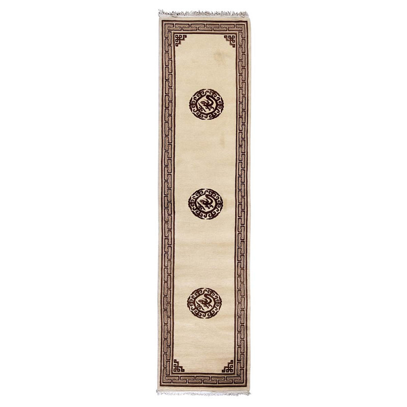 Tapis de couloir unique en laine noué à la main ivoire / brun de 3 pi 1 po x 12 pi 9 po