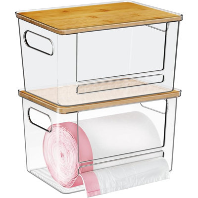 Trash Bag Dispenser 2-Pack – Acrylic Holder With Bamboo Top, Extra-Large Under Sink Organizer For Kitchen, Cabinet, Laundry, And Pantry