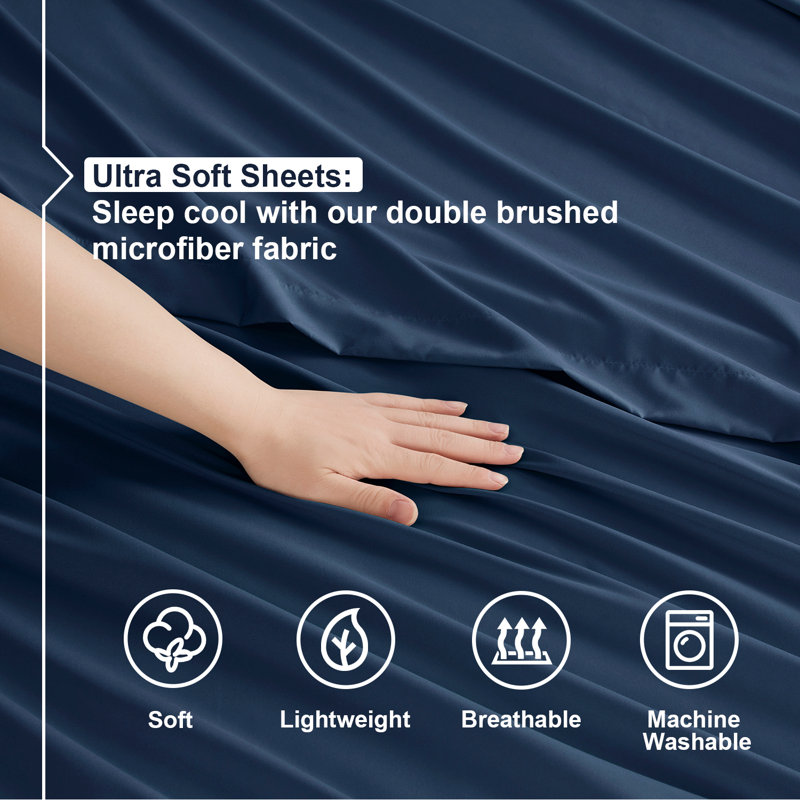  Ensemble de draps double brossé de luxe pour hôtel avec draps et taies d'oreiller très doux, Bleu marine, Très grand