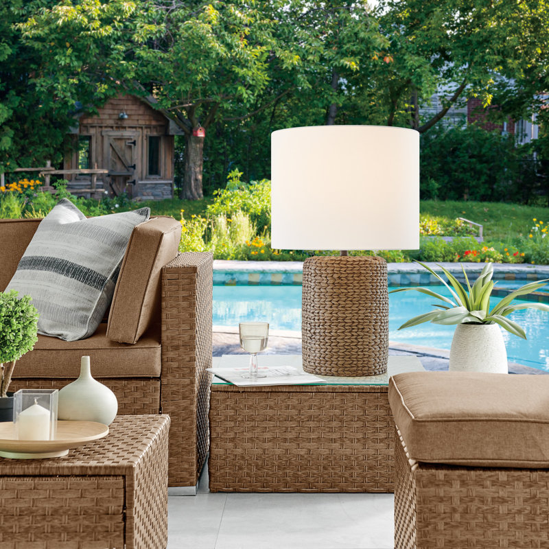 Cordless Brown Woven Seagrass Outdoor Table Lamp with Ivory Fabric Shade