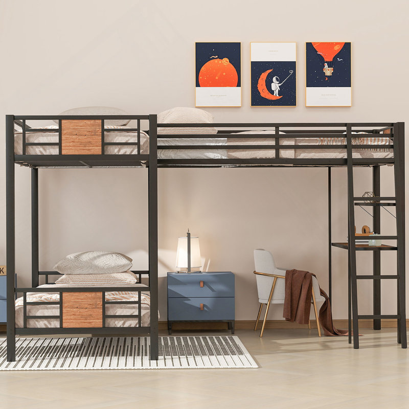 Lit superposé en L avec lit mezzanine avec bureau et tablette