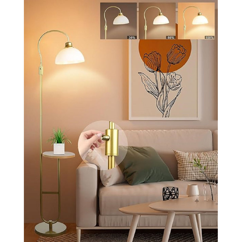 Gold Adjustable Floor Lamp with White Acrylic Shade and Storage Shelf