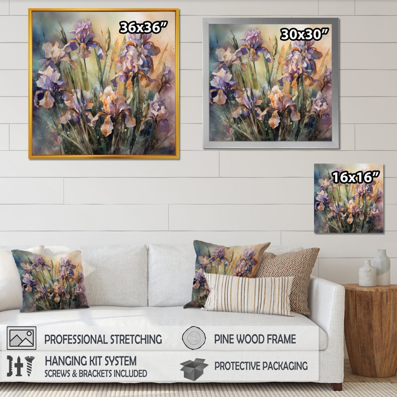 Art mural mauve vert sauvage Iri S II - Iris, Cadre simple noir, H 36 po x l 36 po x P 1,5 po