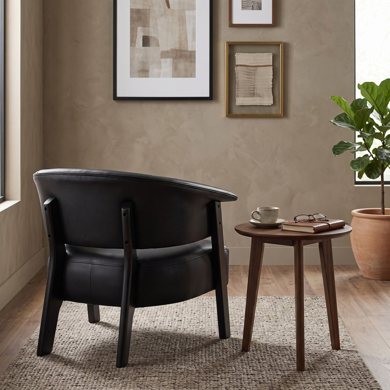 Fauteuil à oreilles en similicuir avec pieds robustes en bois, Noir