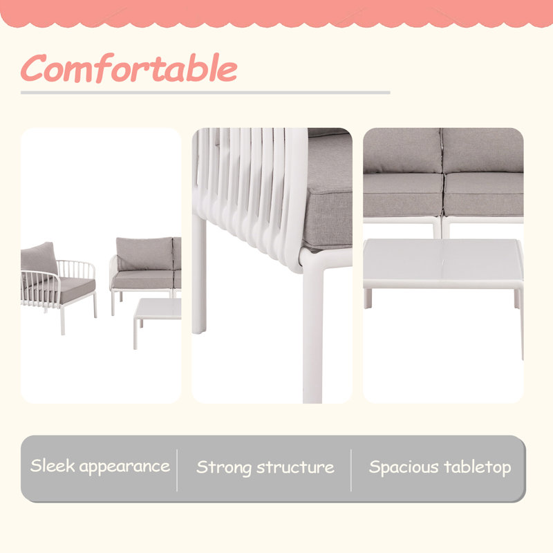 Ensemble de conversation pour patio 5 pièces, ensemble de mobilier modulaire d'extérieur moderne avec table basse carrée, siège profond à coussin épais imperméable