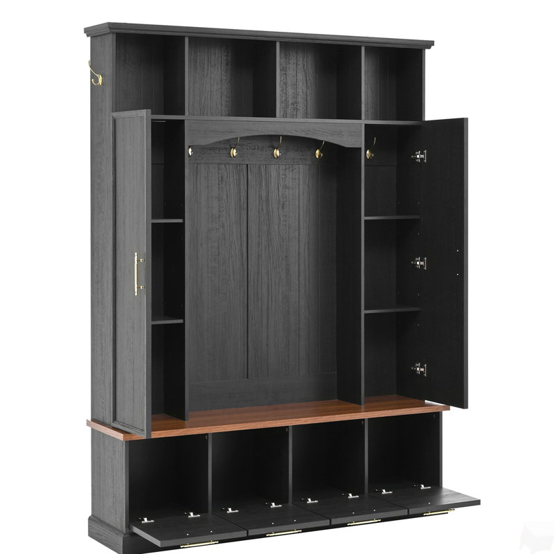 4-IN-1 Elegant Hall Tree with Golden Hooks & Handles, Practical Entryway Walnut Bench with Adjustable Shelves, 76.7"H Farmhouse Wooden Style Coat & Shoe Rack for Mudroom