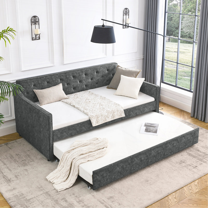 Twin Size Daybed With Twin Size Trundle Upholstered Tufted Sofa Bed,  Waved Shape Arms, Grey (80.5"X44.5"X33.5"), Gray