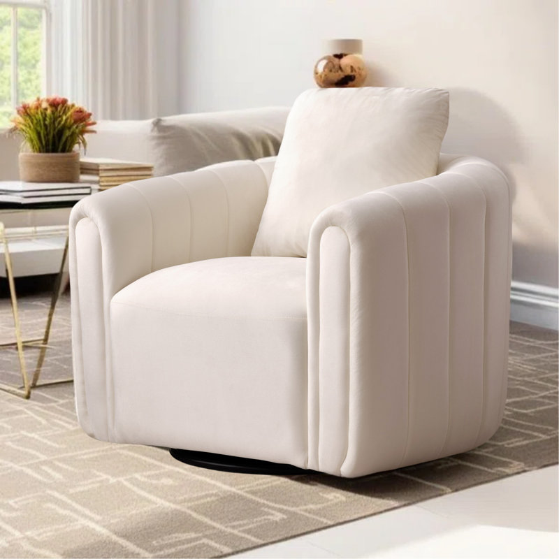 Deria 30.5'' W Velvet Swivel Barrel Chair, Beige