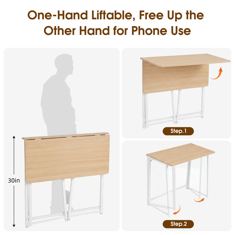 Foldable Home Office Computer Desk, Small Folding Desk For Bedroom, Dorm, Apartment, Wood/White