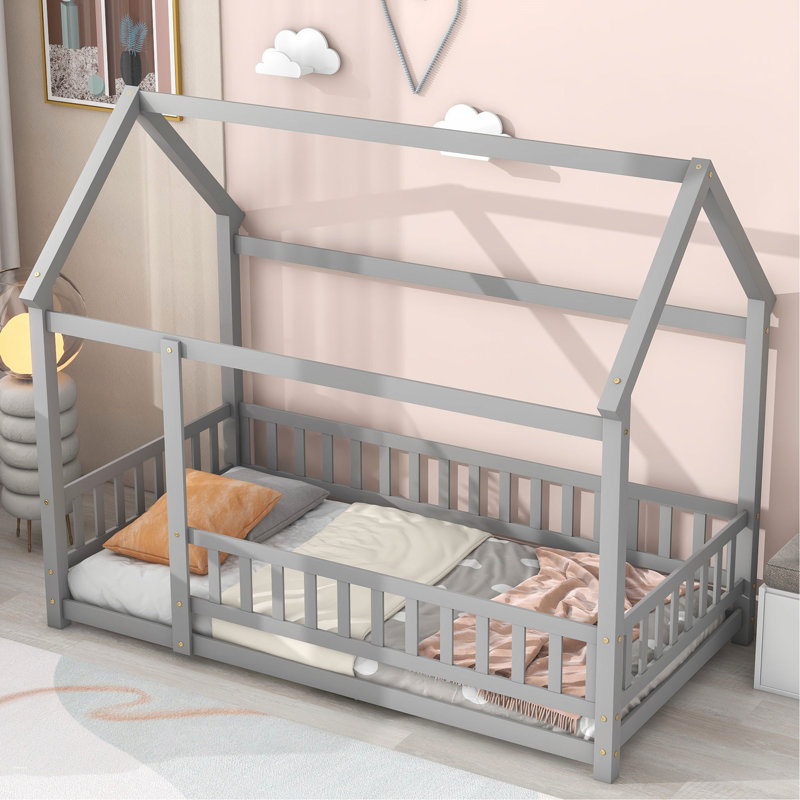 Thendara Floor Bed Frame, Wooden Platform Bed with House Roof Frame and Fence Guardrails, Twin, Grey