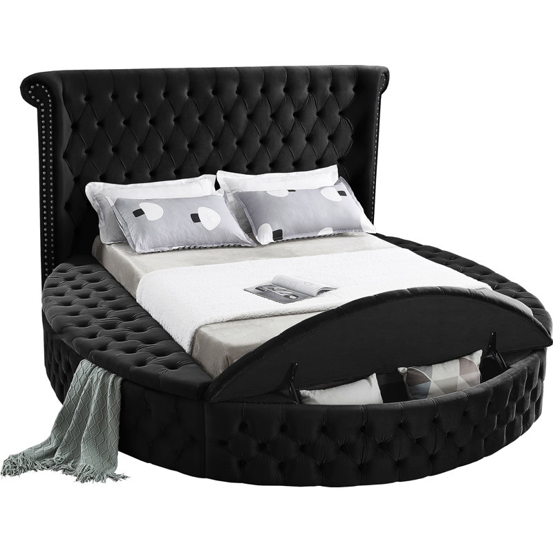 Lit plateforme tapissier avec rangement capitonné Dorgan, Velours noir, Double