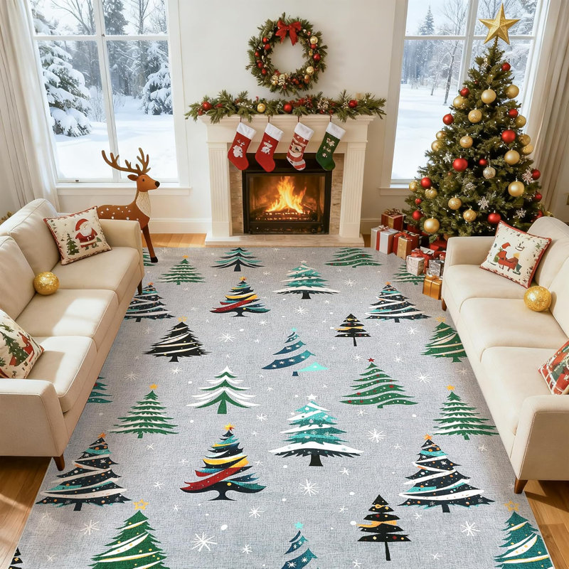 Runner Rug, Washable Rug for Home Decor, Indoor Non Slip Carpet, Soft Low Pile Christmas Rugs with Xmas Tree Motif for Kitchen, Entryway, Living Room, Bedroom