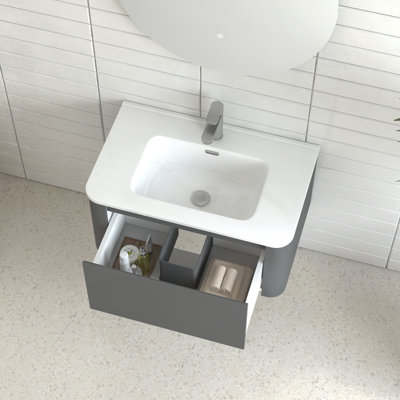 30" Grey Wall Mounted Bathroom Vanity with Basin Floating Vanity Drawer Bathroom Cabinet with White Ceramic Integrated Basin