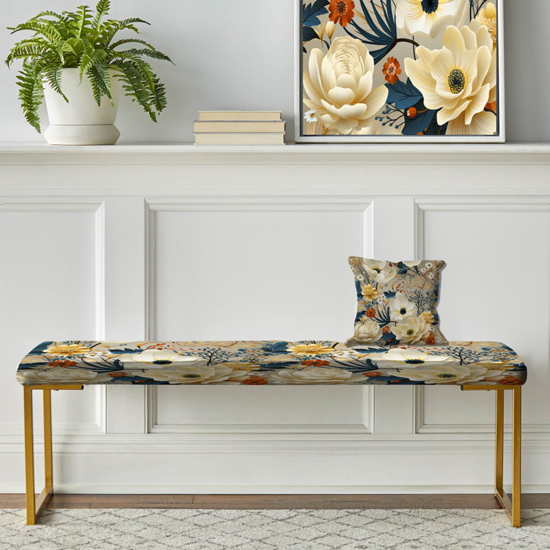 Ivoire, motif floral bohème chic - Banc rembourré floral doré