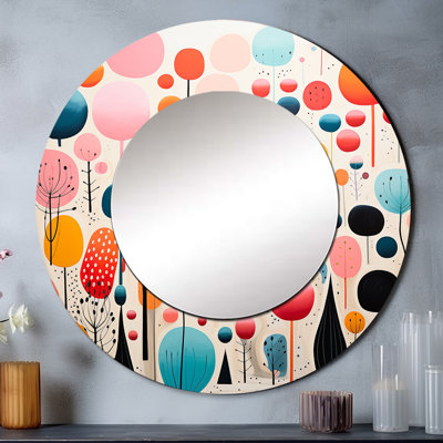 Rose Mid Century Playful Patterns I - grand miroir moderne de style Mid-Century, décoration murale ronde rose