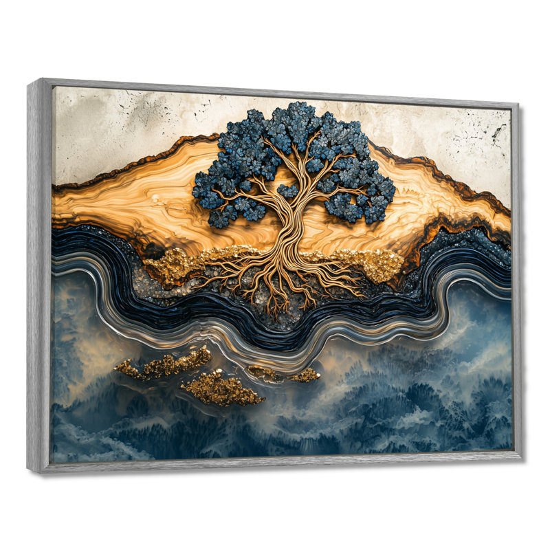 Aqua infini doré, arbre de vie III - arbre de vie, art mural, Argent argent, H 24 po x l 32 po, Floater Framed