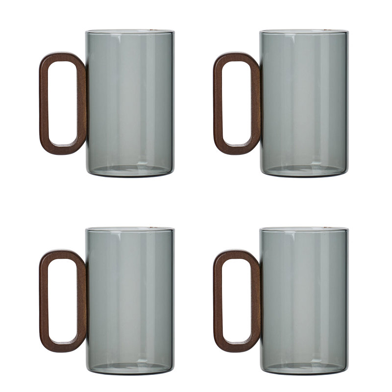 Borosilicate Glass Mugs Tea Cups with Wooden Handle, 4, Smoked Grey