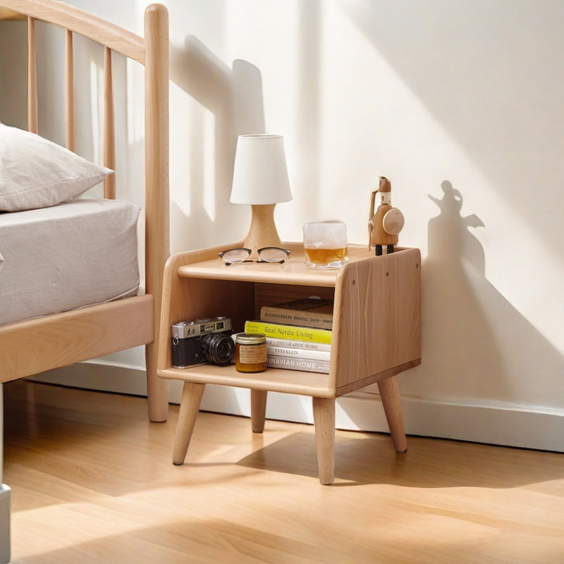 Scandinavian Solid Wood Nightstand - Natural Beech Storage Cabinet with Open Shelves & Cable Management