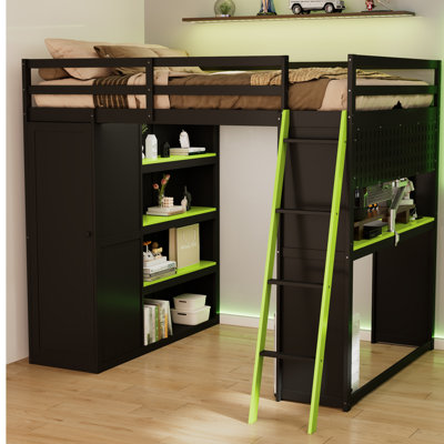 Lit mezzanine double en bois avec bureau, garde-robe, tablettes, rideaux occultants et lumières à DEL RVB, noir et vert