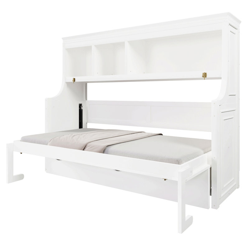 Lit escamotable simple avec bureau et tablettes de rangement, Blanc