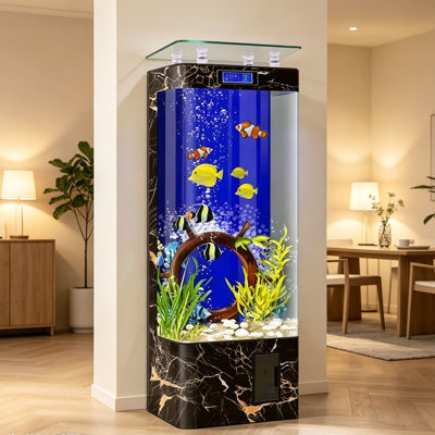 Aquarium vertical haut, finition marbre noir et or, en verre flotté avec cadre en bois massif et acrylique, ensemble complet avec pompe, filtre et éclairage DEL pour la décoration du salon.