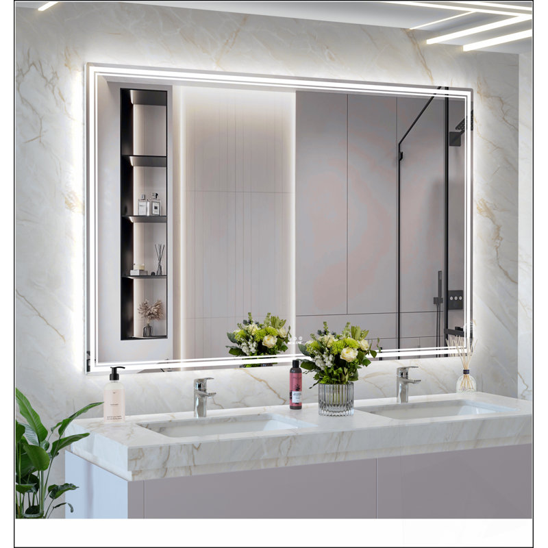 Miroir de salle de bain 60 x 40 pouces à DEL avec 3 modes de couleur, cadre en aluminium et bande lumineuse écoénergétique pour les salles de bain modernes