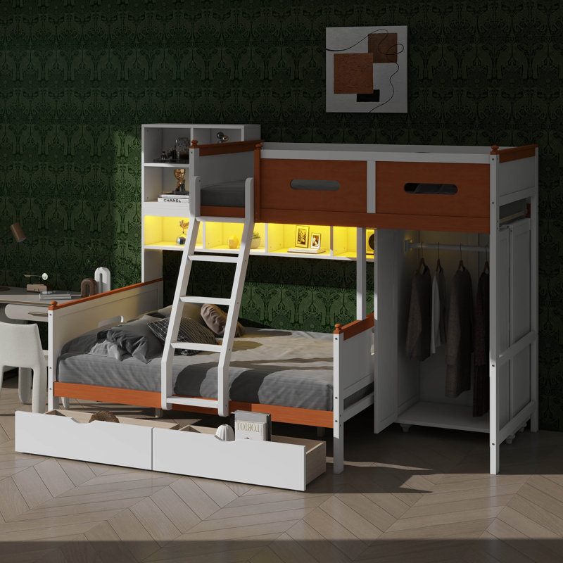 Lit superposé simple en bois simple avec garde-robe, tiroirs, tablettes et système d'éclairage à DEL