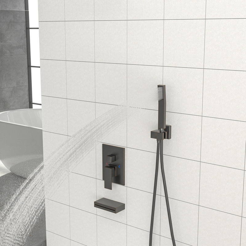 Douche de 12 pouces avec bec cascade - pomme de pluie carrée, à main, bronze huilé, baignoire à valve frottée à l'huile, valve équilibrée, fixation murale, installation facile, débit d'eau réglable, forme de la tête,