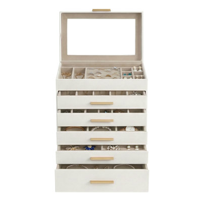 Organisateur de boîte à bijoux, rangement pour bijoux à 6 couches avec 5 tiroirs, quincaillerie en métal brillant, couvercle en verre, moderne, 6,4 po x 9,9 po x 11,4 po