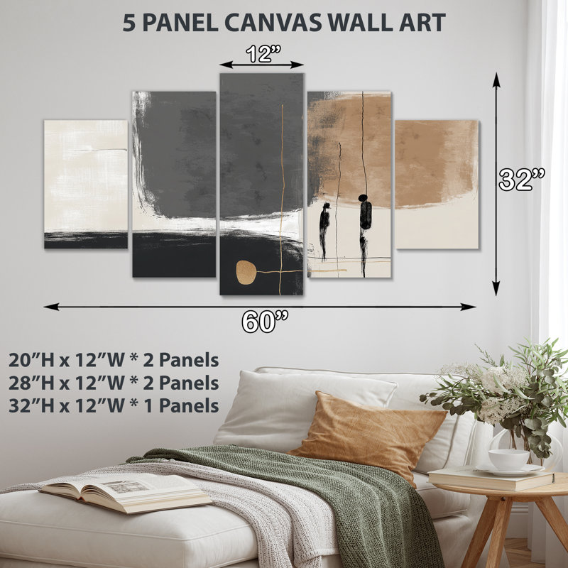 Gris et brun, formes abstraites minimalistes - art mural contemporain sur toile 5 panneaux