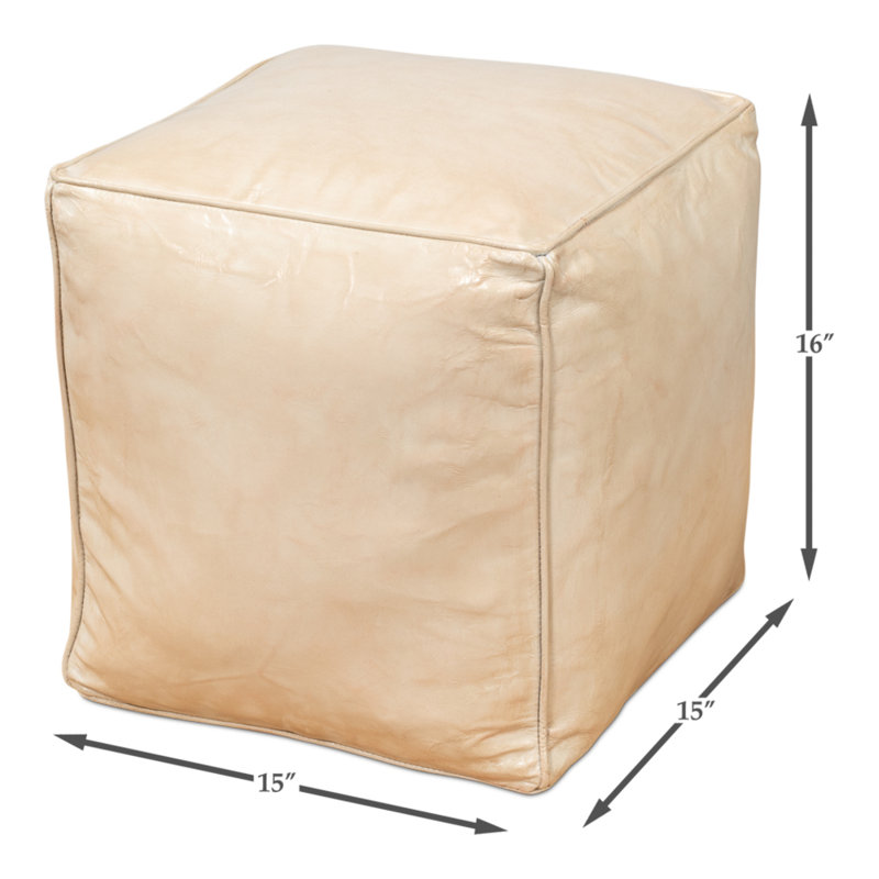 Square Ottoman, Beige Genuine Leather
