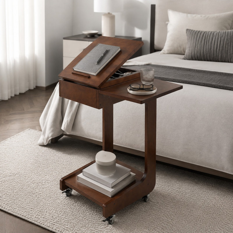 27.4" Solid Wood C-Shaped Rolling End Table with 360° Rotating Desktop, Foldable Shelf, Removable Laptop Stand & Lockable Wheels