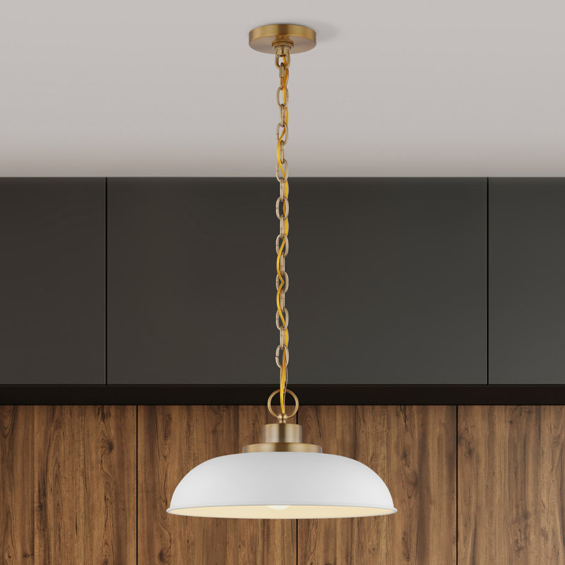 Luminaire suspendu en forme de dôme à 1 lumière Eddy, H 8 po x l 15 po x P 15 po, Blanc mat / laiton bruni