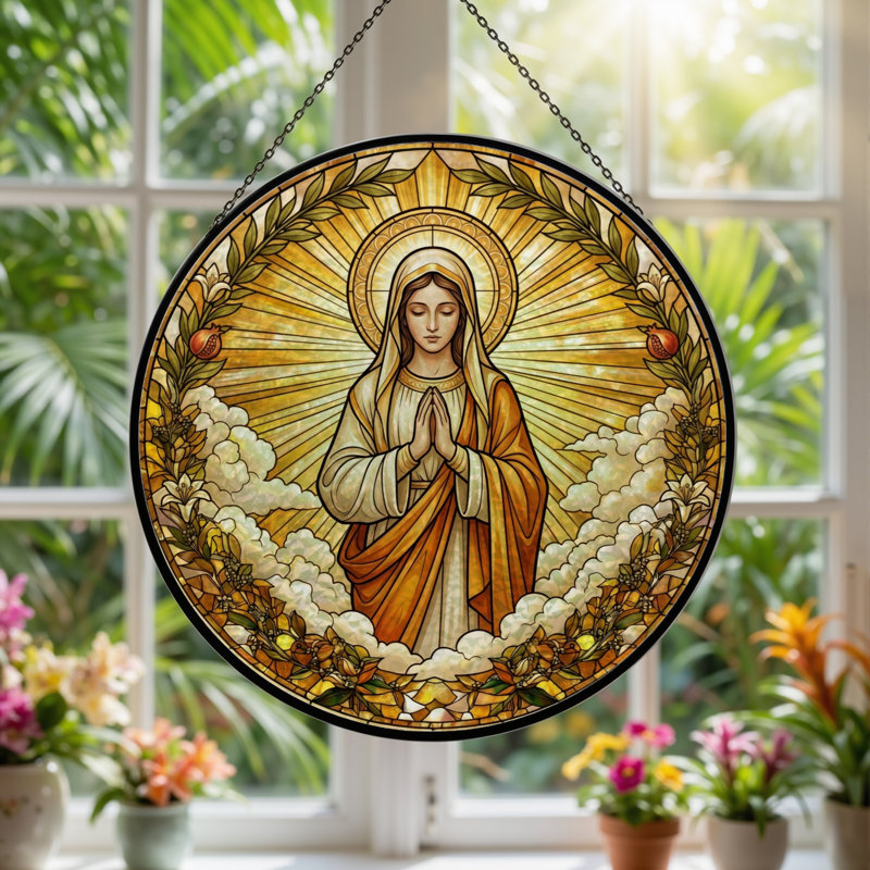 Panneau de vitrail de la Vierge Marie - H 12 po, H 12 po