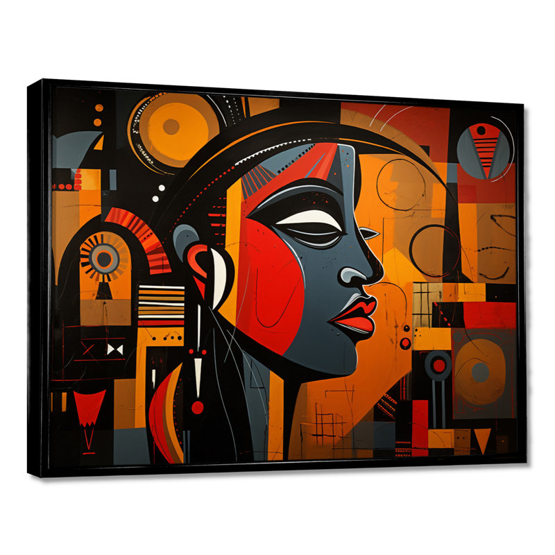 Portrait contemporain, collage géométrique - art mural africain, salon, Cadre flottant noir, H 24 po x l 32 po x P 1 po
