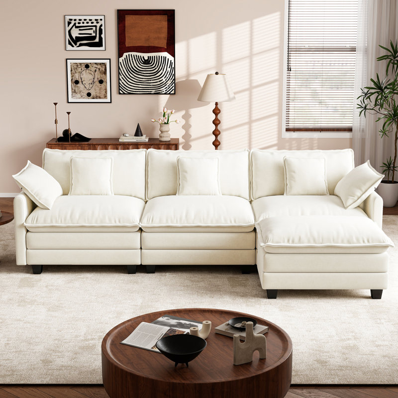 George 111.5" Modern 4 Seat Chenille L Shaped Modular Sectional Sofa With Ottoman, Beige Chenille