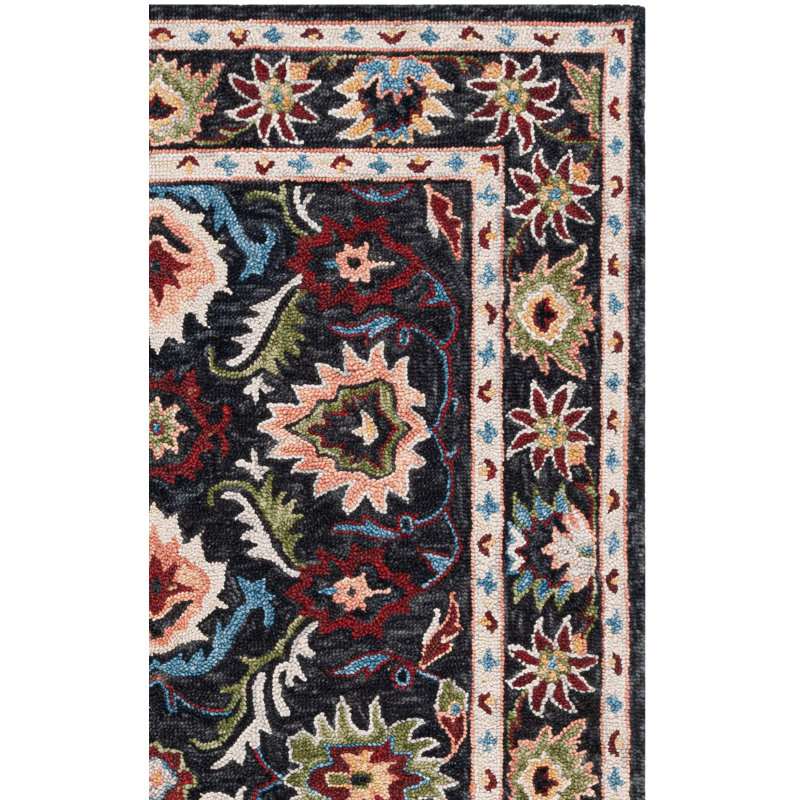 Saule Handtufted Wool Cotton Oriental Rug in Black/Ivory, Rectangle 6' x 9'