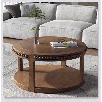 Table basse et canapé de 31,5 pouces en bois massif rond - plateau épaissi à deux niveaux, pieds robustes, table circulaire pour le salon