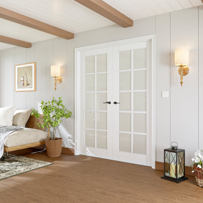 Interior 10-Lite Glass French Door White Primer Frosted Solid Core With French Door Accessories