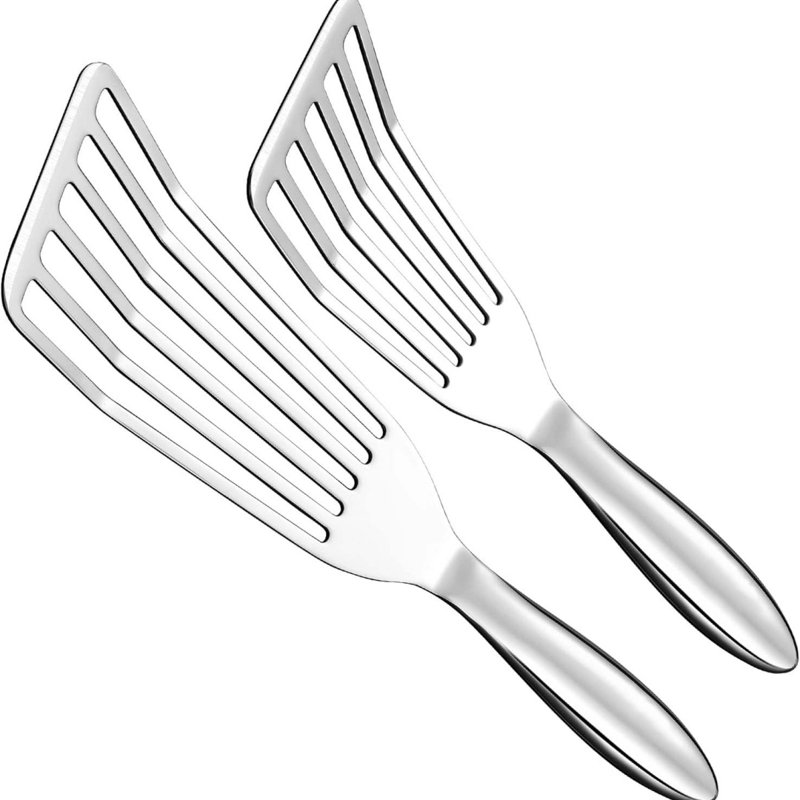 Steel Fish Spatula Set – 1 Large Fish Turner + 1 Small Metal Spatula, Ultra Thin Edge For Easy Turning & Flipping, Metal Kitchen Untensils With Ergonomic Non-Slip Handle, Dishwasher Safe