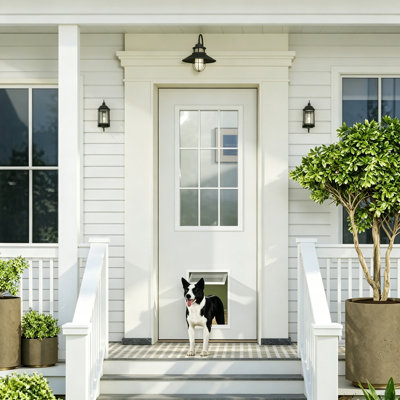 Exterior Door-9 Panel Clear Glass With Pet Door Hole Manufacture Wood With Solid Wood Core Include Door Frame & Hinger,White