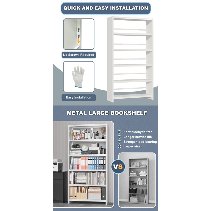 5-Tier Wide Bookshelf, 69" Tall Library Book Case with Display Shelf, Industrial Metal for Home Office, White