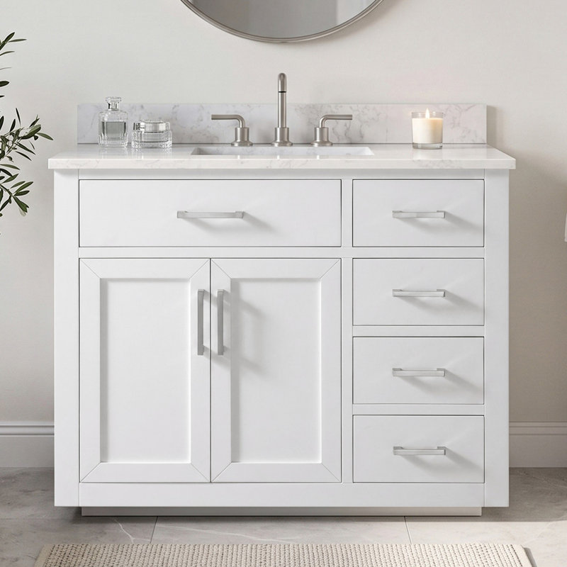 Meuble-lavabo simple autoportant de 42 po avec plateau en pierre d'ingénierie Ingalls, Blanc, Carrara White