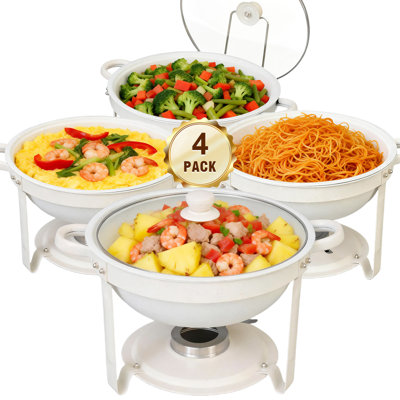 Chafing Vaisselle pour buffet, ensemble de 4 réchauds à vaisselle blancs de 6 pintes, acier inoxydable avec couvercle en verre Maifanite, chauffe-plats à bord roulé pour les fêtes, les mariages et la restauration