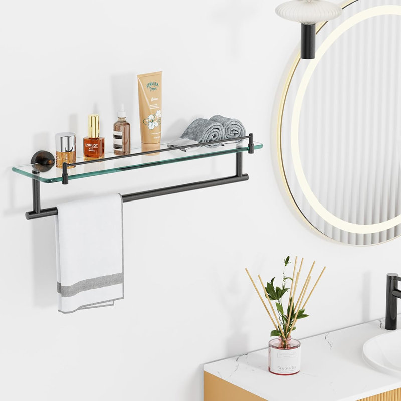 Codee Glass Floating Shelf with Towel Bar, Matte Black