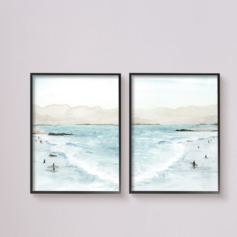 Paysage de plage à marée haute, H 11 po x l 28 po, Giclée encadrée noir minuit