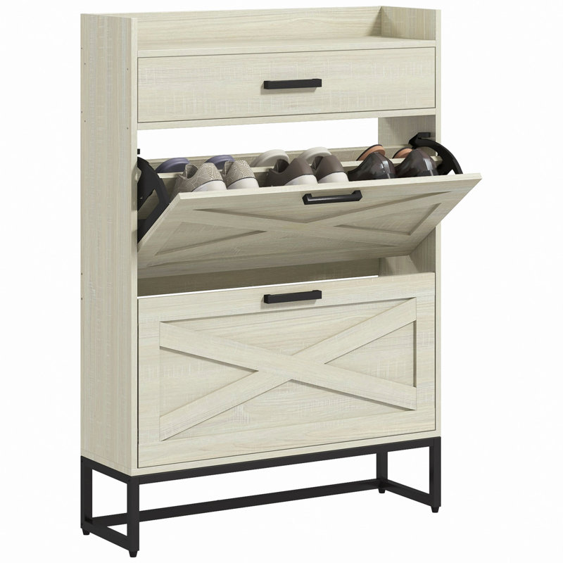 Narrow Shoe Cabinet With 2 Flip Doors And Top Drawer, White